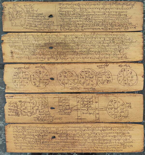 Burmese Astrological Palm Leaf Manuscript with Charts, Diagrams