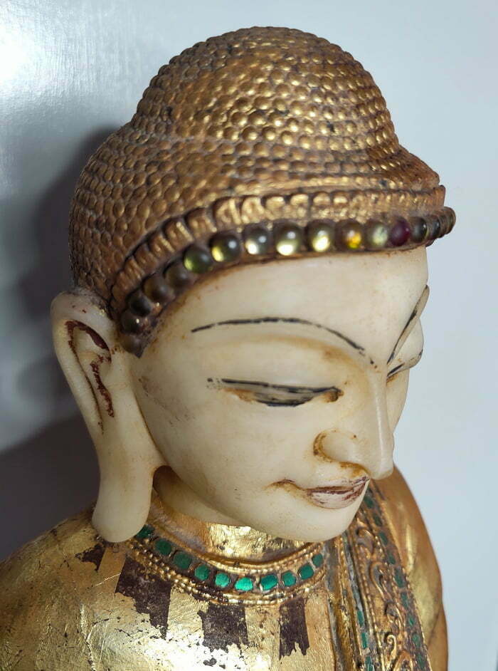 Face view Early 19th Century urmese wood alabaster Buddh Statue