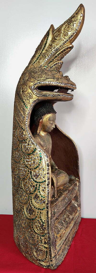 Right side view Burmese Hollow Lacquer Buddha Under Naga