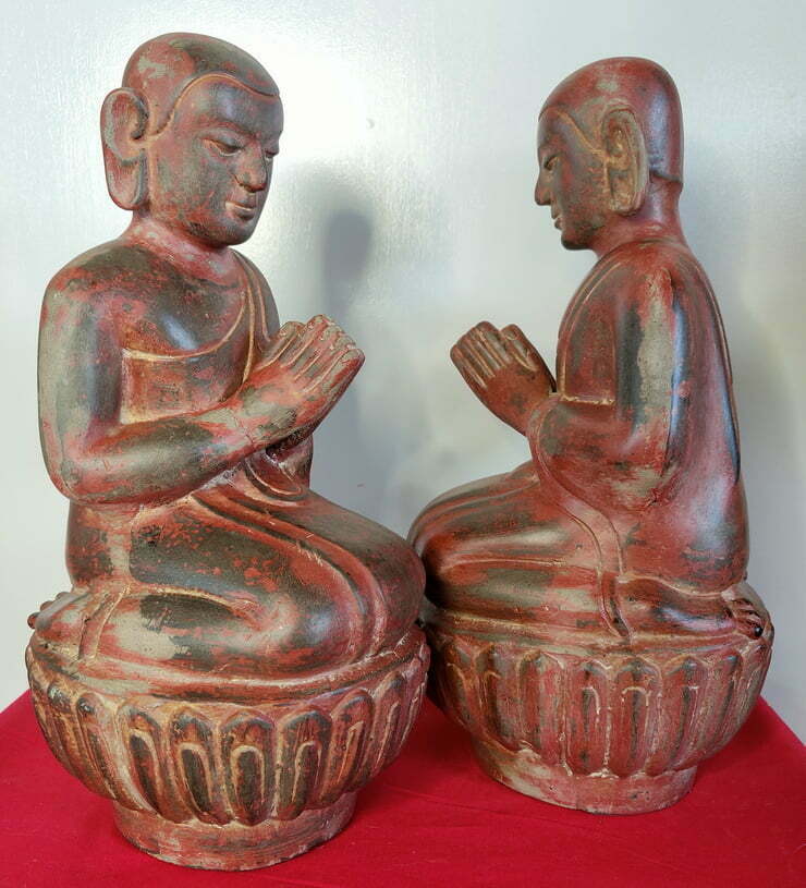 Side view Antique Burmese Hollow lacquer Monk Statues