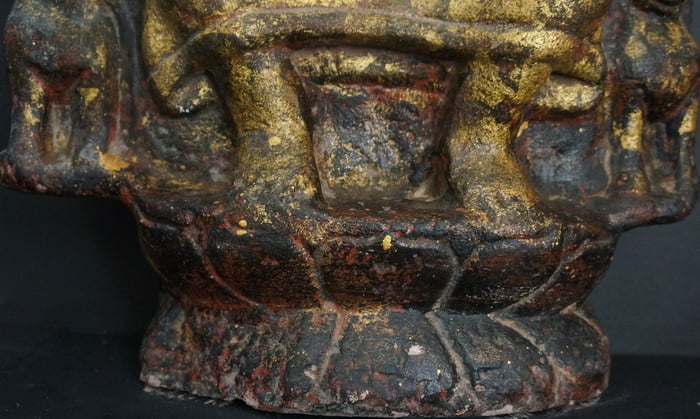 Feet view on lotus pedestal of Antique Stone Buddha Maitreya Stele