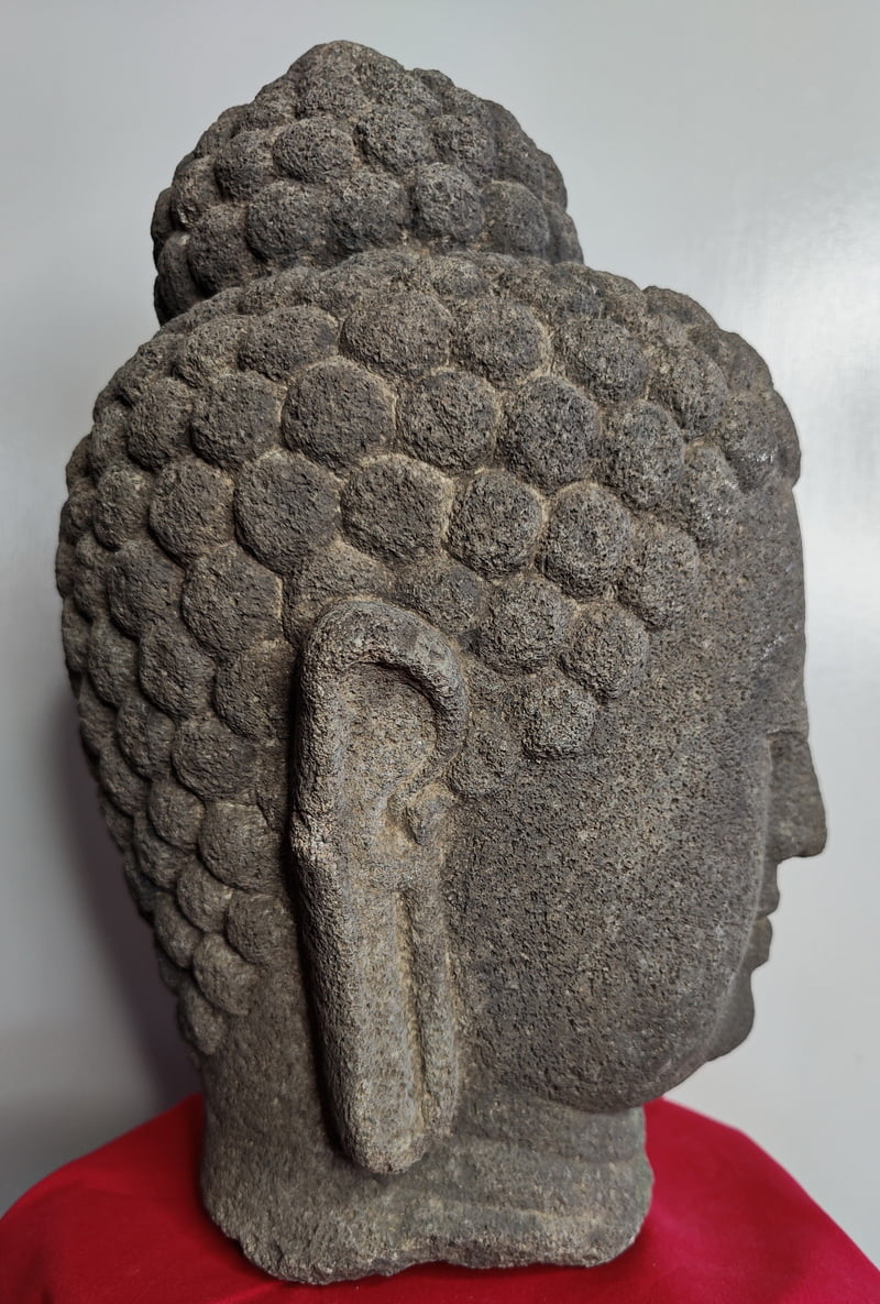 Side view Indonesian Buddhist Lava Stone Buddha Head