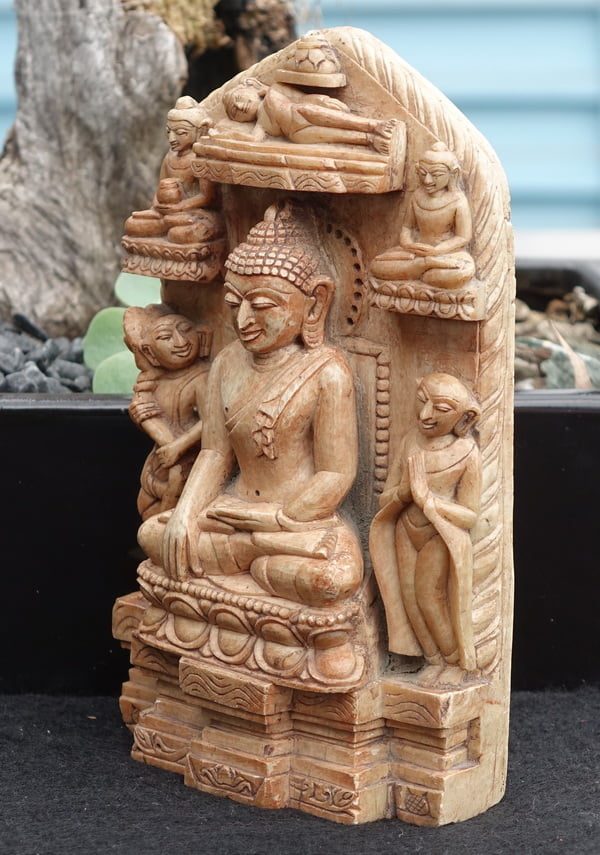 Side view Burmese Andagu Stone Buddhist Scene Carving