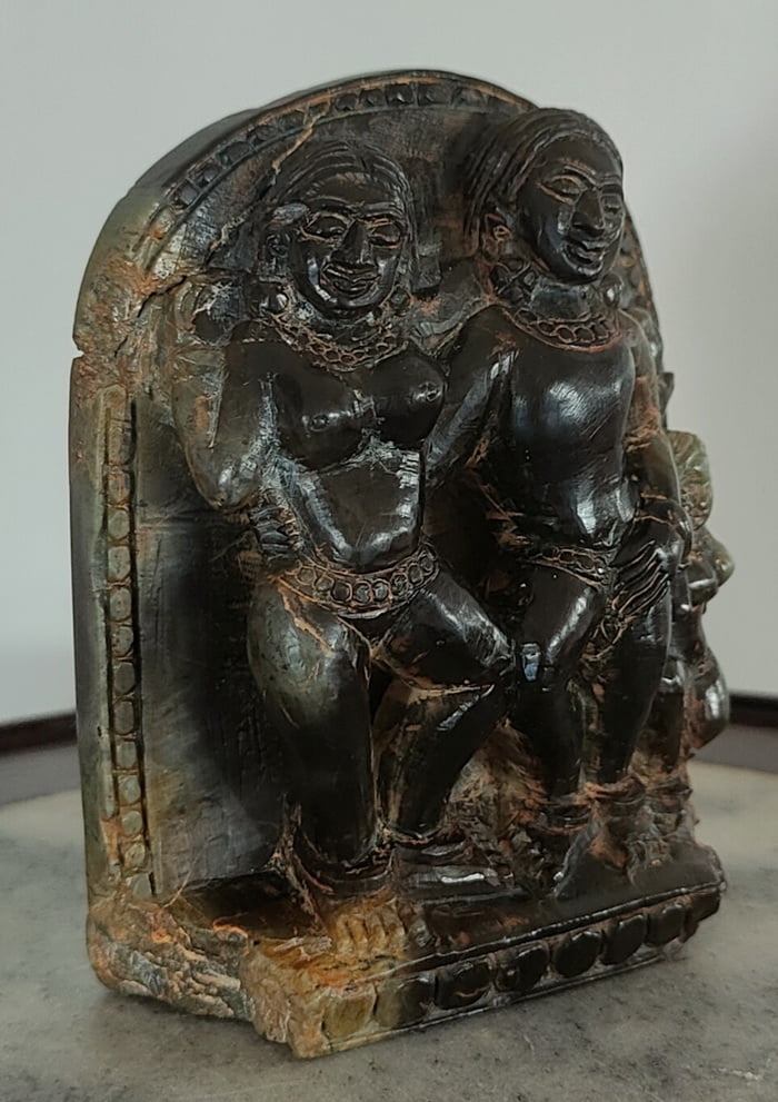 Side view Mithuna Couple Carved in Black Stone