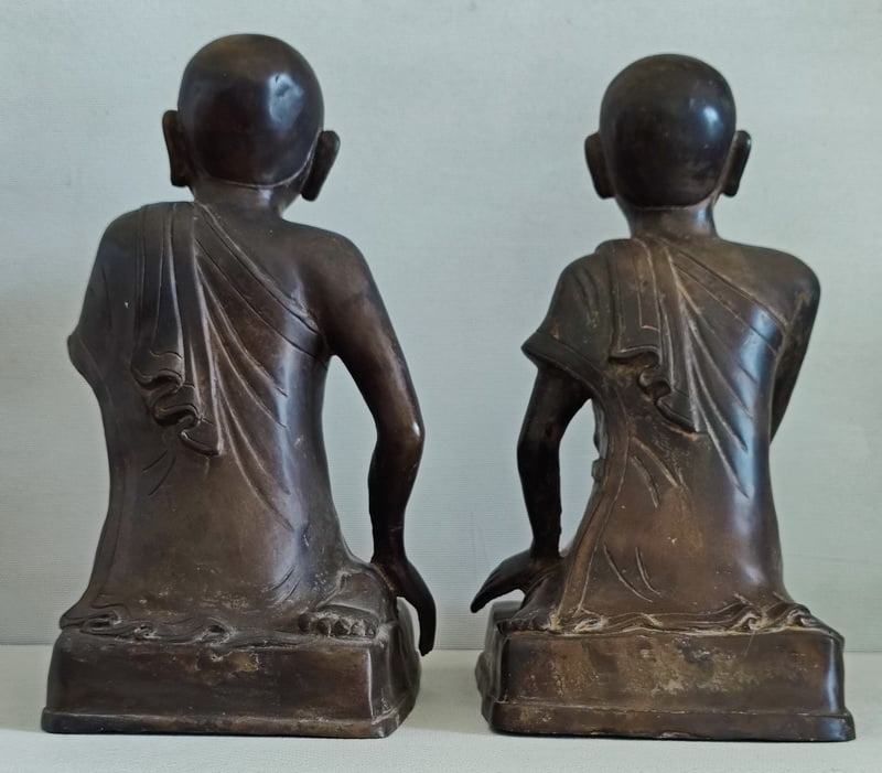 Back view Pair Burmese Bronze Monk Statues