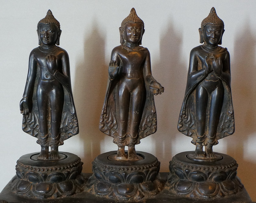 Burmese Bronze Pagan Buddhist triad standing on Lotus